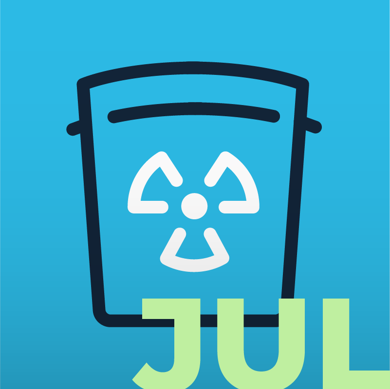 The word July appears alongside an illustration of a container of radioactive waste