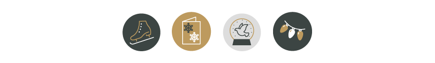 Icons of a skate, a holiday card with a shining star, a dove in a snow globe, and lights to represent safe transportation, communication, peaceful use, and nuclear energy.