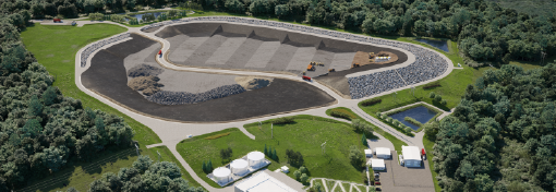 Conceptual rendering of the Near Surface Disposal Facility (NSDF) Project, seen from a western aerial view, showing the open mound and a road, surrounded by trees.